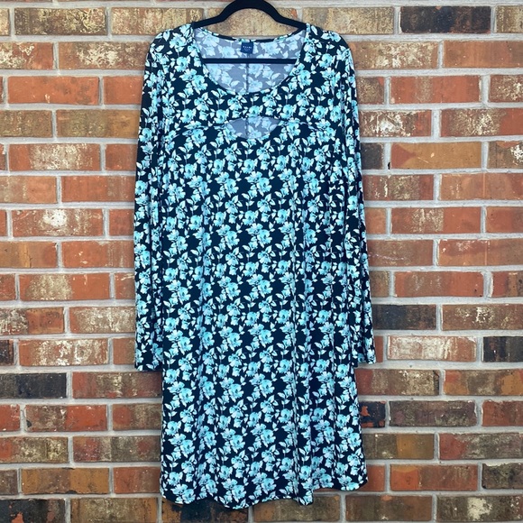 Kaari Blue Curvy Floral Long Sleeve Dress Cutout Womens 1X - Picture 1 of 5